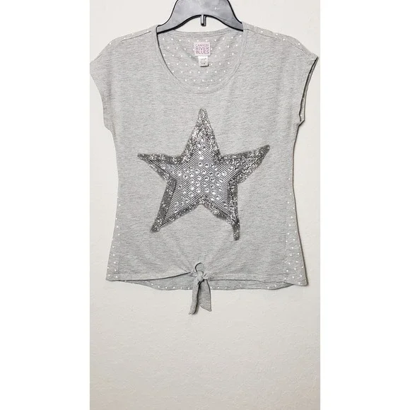 Girls Gray Canyon River Blues Sequins Star Tie Front T Shirt Top Kids XL 18 - Picture 2 of 9